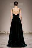 Velvet Dark Green A-Line Spaghetti Straps Evening Dress With Slit
