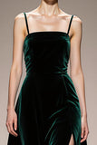 Velvet Dark Green A-Line Spaghetti Straps Evening Dress With Slit