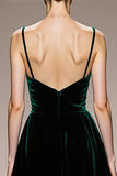 Velvet Dark Green A-Line Spaghetti Straps Evening Dress With Slit