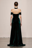 Dark Green Velvet Halter Maxi Evening Dress With Slit