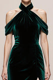 Dark Green Velvet Halter Maxi Evening Dress With Slit