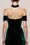 Dark Green Velvet Halter Maxi Evening Dress With Slit