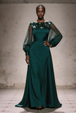 Dark Green A-Line Bateau Neck Evening Dress with Long Sleeves