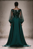 Dark Green A-Line Bateau Neck Evening Dress with Long Sleeves