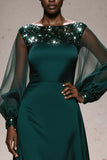 Dark Green A-Line Bateau Neck Evening Dress with Long Sleeves