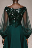 Dark Green A-Line Bateau Neck Evening Dress with Long Sleeves