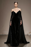 Black Off The Shoulder Velvet Evening Dress with Cloak
