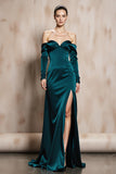 Dark Green Off The Shoulder Satin Evening Dress With Slit
