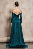 Dark Green Off The Shoulder Satin Evening Dress With Slit