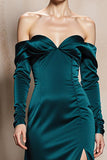 Dark Green Off The Shoulder Satin Evening Dress With Slit