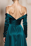 Dark Green Off The Shoulder Satin Evening Dress With Slit