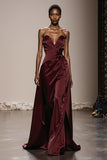 Strapless Burgundy A-Line Maxi Evening Dress