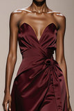 Strapless Burgundy A-Line Maxi Evening Dress