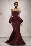 Strapless Mermaid Burgundy Maxi Evening Dress With Ruffles