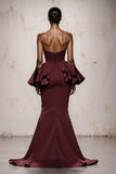 Strapless Mermaid Burgundy Maxi Evening Dress With Ruffles