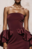Strapless Mermaid Burgundy Maxi Evening Dress With Ruffles
