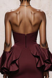 Strapless Mermaid Burgundy Maxi Evening Dress With Ruffles