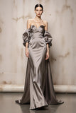 Silver Off The Shoulder Satin Maxi Evening Dress
