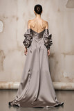 Silver Off The Shoulder Satin Maxi Evening Dress
