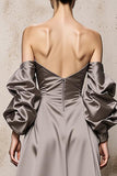 Silver Off The Shoulder Satin Maxi Evening Dress