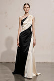 One Shoulder Black and White A-Line Maxi Evening Dress