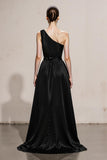 One Shoulder Black and White A-Line Maxi Evening Dress