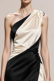 One Shoulder Black and White A-Line Maxi Evening Dress