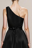One Shoulder Black and White A-Line Maxi Evening Dress