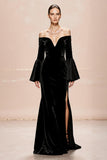 Black Off The Shoulder Flare Sleeve Velvet Evening Dress With Slit