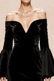 Black Off The Shoulder Flare Sleeve Velvet Evening Dress With Slit