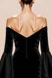 Black Off The Shoulder Flare Sleeve Velvet Evening Dress With Slit