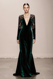 Mermaid Velvet Deep V-Neck Dark Green Evening Dress