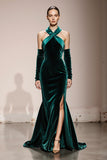 Dark Green Halter Mermaid Velvet Evening Dress With Slit