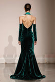 Dark Green Halter Mermaid Velvet Evening Dress With Slit