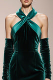 Dark Green Halter Mermaid Velvet Evening Dress With Slit