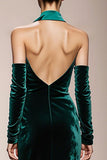 Dark Green Halter Mermaid Velvet Evening Dress With Slit