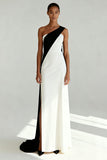 Black and White Sheath One Shoulder Formal Dress With Slit