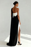 Black and White Sheath One Shoulder Formal Dress With Slit