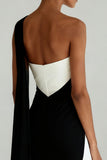 Black and White Sheath One Shoulder Formal Dress With Slit