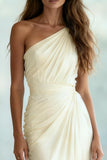 Ivory One Shoulder Sheath Ruched Maxi Formal Dress