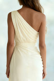 Ivory One Shoulder Sheath Ruched Maxi Formal Dress