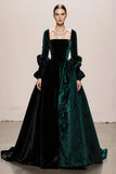 Dark Green Velvet A-Line Long Sleeve Maxi Evening Dress