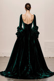 Dark Green Velvet A-Line Long Sleeve Maxi Evening Dress