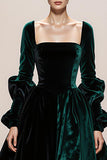 Dark Green Velvet A-Line Long Sleeve Maxi Evening Dress