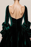 Dark Green Velvet A-Line Long Sleeve Maxi Evening Dress