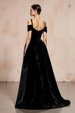 Black A-Line Velvet Cold Shoulder Maxi Evening Dress