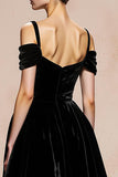 Black A-Line Velvet Cold Shoulder Maxi Evening Dress