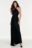 Halter Ruched A-Line Backless Black Tie Dress