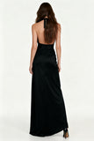 Halter Ruched A-Line Backless Black Tie Dress