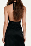 Halter Ruched A-Line Backless Black Tie Dress